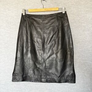 VTG 90s Yvonne Marie Leather Knee Length Skirt Womens 6 Black Minimalist Vamp
